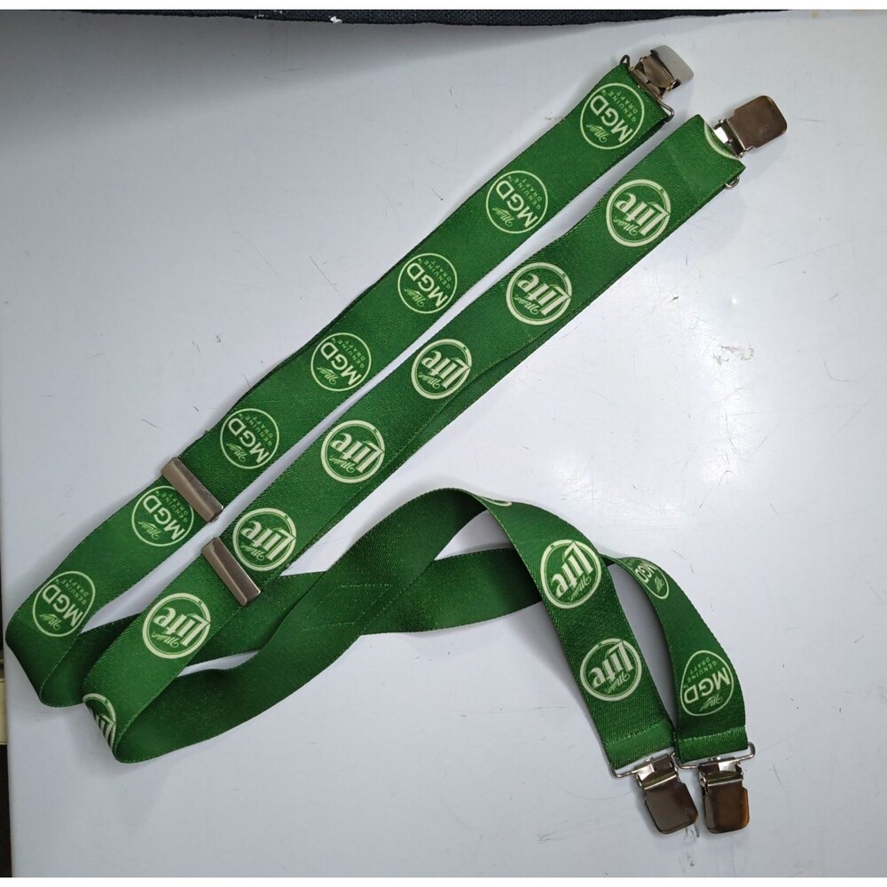 VTG MGD Miller Genuine Draft Miller Lite Beer Suspenders Clip On Green St. Paddy